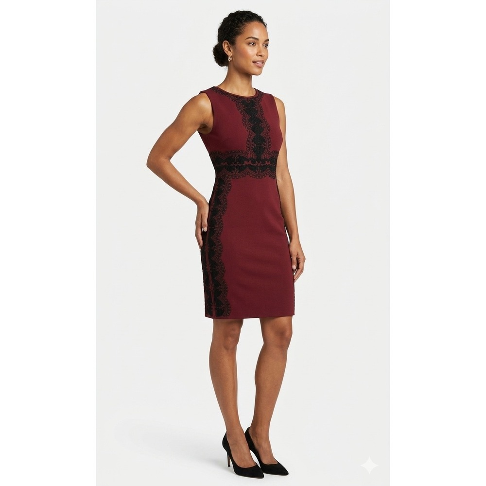 Carmen Marc Valvo Wool Blend Sweater Dress Burgundy Black Lace Pattern - Large